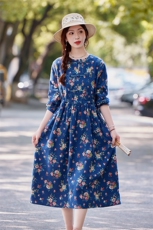 中式碎花连衣裙女装纯棉长袖2025年秋季新款高端大码显瘦棉麻裙子，商品下架区，水衣源