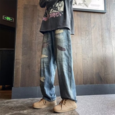 做旧拼接破洞宽松直筒牛仔裤男夏季拖地长裤子1238-P58，男装牛仔裤，星座910-5