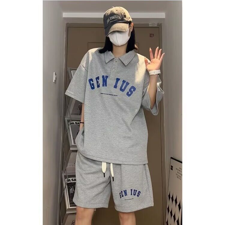 2025美式潮流POLO衫短袖男女同款夏季痞帅宽松上衣短裤套装男,男装休闲套装,星座1210-1
