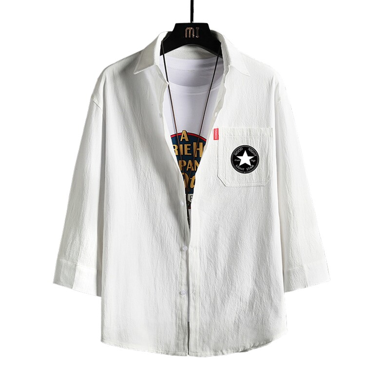QC58177-P45亚麻七分袖衬衫男大码五分袖衬衣男短袖网格挂拍,男装衬衫,电商A040A