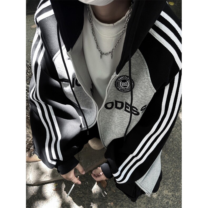 现货！25春秋高克重三条杠拼接插肩袖拉链连帽开衫卫衣WY19-P88图片