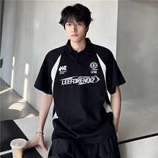 半拉链美式POLO领短袖T恤男夏季潮牌重磅宽松翻领上衣，男装T恤，电商C307