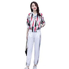 2021秋款时尚潮流休闲花色套装显瘦百搭长袖运动服两件套，女装套装/套裙，韩蜜菓