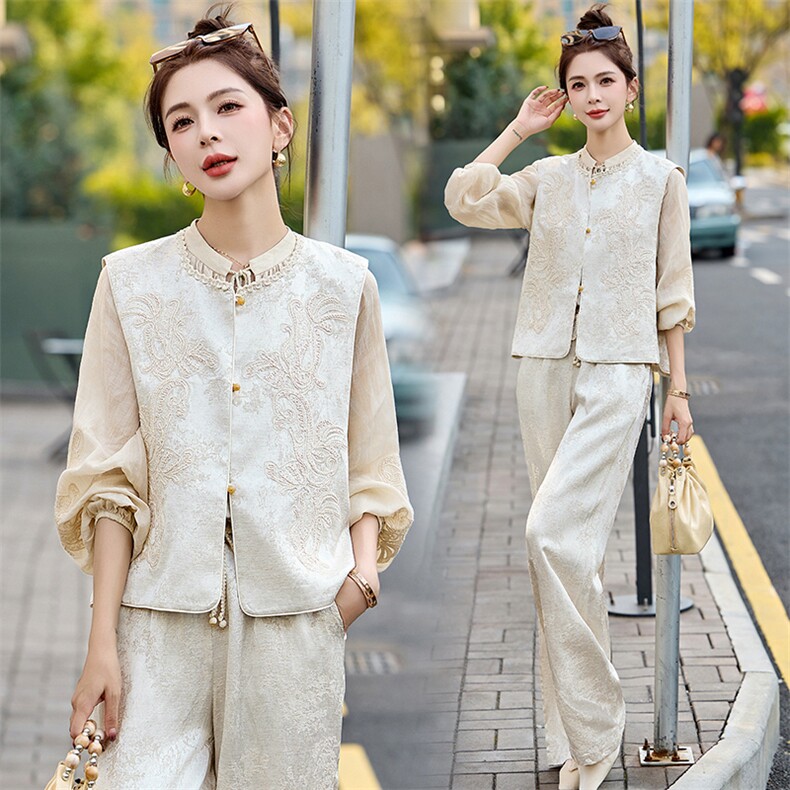 2025春上新复古风重工穿搭一套高级感提花马甲两件套，女装套装/套裙，韩然一族