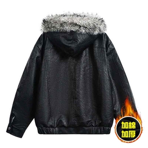 现货冬季美式潮牌痞帅PU皮机车服棉衣毛毛绒狼王座山雕皮棉服图片
