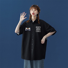 中性风2022夏季新品印花宽松翻领短袖衬衣衬衫CS105P35控58，女装衬衫，A247A