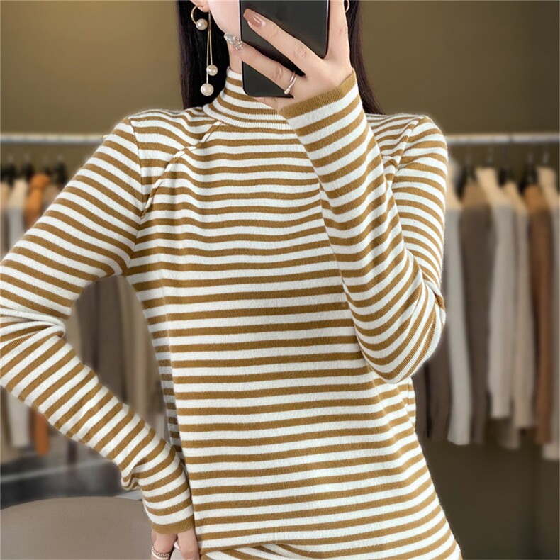 条纹撞色半高领毛衣女咖色显瘦亲肤长袖2025秋冬新款针织打底衫，女装针织衫/毛衣，暖姿羊绒