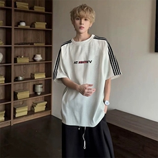 抖音得物品质二开240克宽松纯棉美式潮牌印花三条杠中性风短袖T恤，男装T恤，电商A486