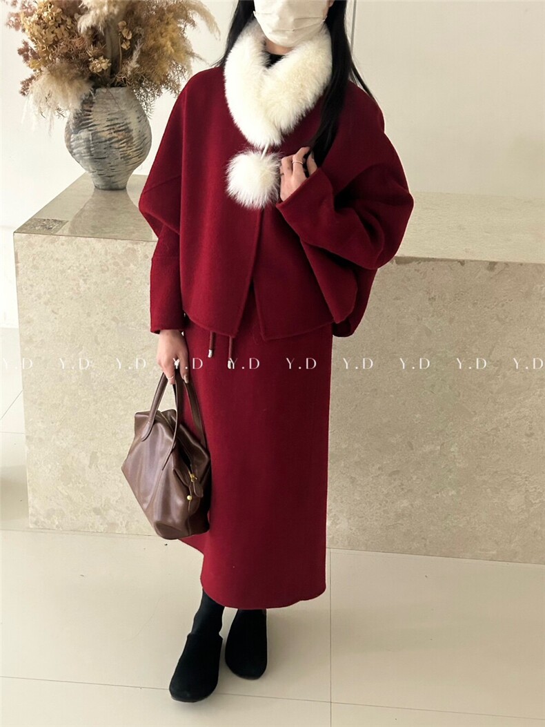 【依嘟】东大门气质小个子羊毛外套+半身裙两件套装(配可拆，女装套装/套裙，依嘟服饰