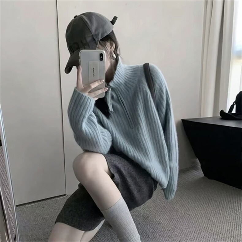 2025年秋季新款百搭女士抽条半拉链翻领长袖羊毛衫图片