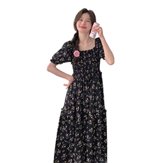 黑色茶歇法式碎花连衣裙女2025年夏季新款高级感收腰显瘦开叉长裙，女装连衣裙，浪娴服饰