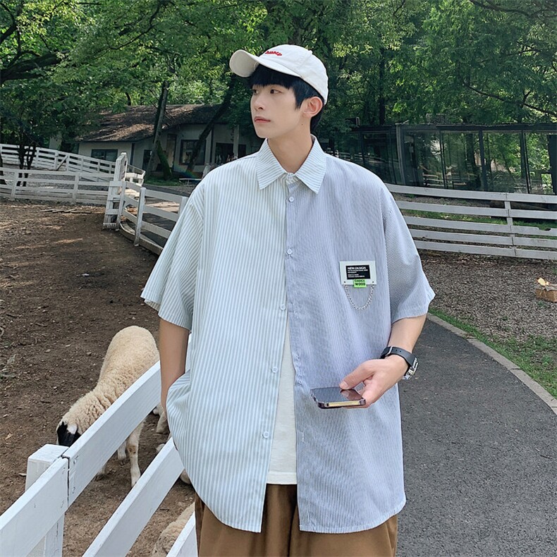 高品质全棉冰丝条纹短袖衬衫港风撞色衬衣XCS222-特P29控58,男装T恤,电商B370