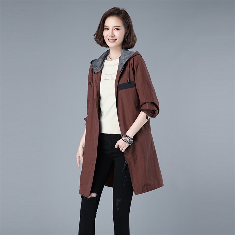 2021春秋新款外套风衣宽松连帽休闲口袋开衫3503-，女装风衣，秋牧寒烟