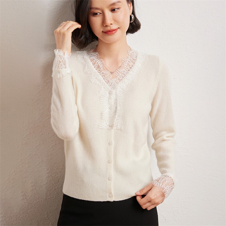 优雅女士V领蕾丝花边开衫显瘦百搭时尚外套，女装羊绒衫，臻维羊绒
