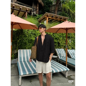 老钱风立领亚麻衬衫男士夏季痞帅慵懒松弛感休闲度假防晒衬衣937图片