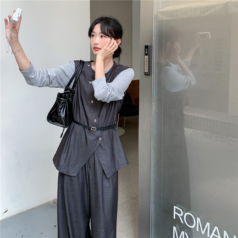 韩系淡人穿搭气质一整套女2025秋季不规则马甲打底衫阔腿裤三件套,女装套装/套裙,2C057