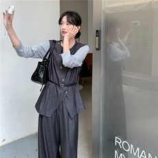 韩系淡人穿搭气质一整套女2025秋季不规则马甲打底衫阔腿裤三件套，女装套装/套裙，2C057