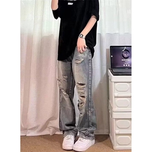 做旧水洗破洞嘻哈牛仔裤男女ins街头宽松直筒休闲乞丐裤 NA094图片