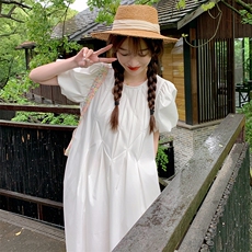 白色泡泡袖初恋连衣裙女2024年夏季新款法式简约宽松小个子茶歇裙，女装连衣裙，浙宝276（原081）
