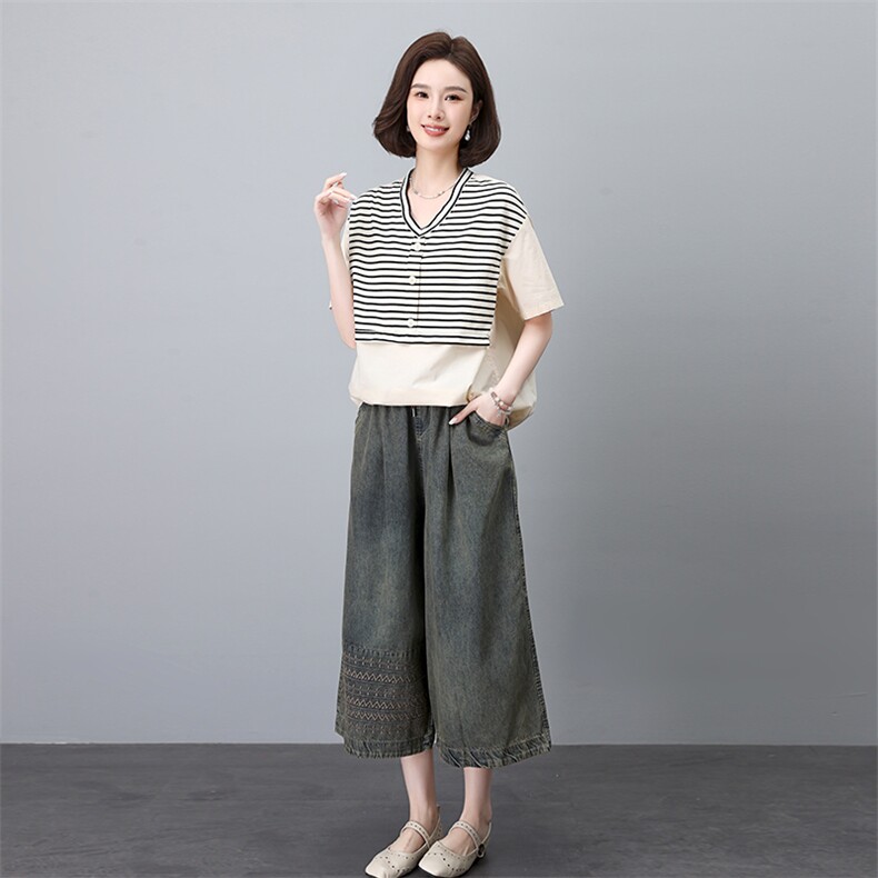时尚条纹短袖上衣+阔腿裤套装显瘦百搭气质女装两件套,女装套装/套裙,叶笙衣
