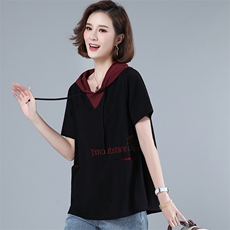 短袖T恤女2024夏装新款上衣连帽休闲抽绳字母印花气质显瘦，女装T恤，梦芯尔