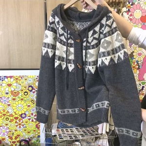 重磅秋冬北极绒开衫毛衣美式复古休闲慵懒风牛角扣针织衫连帽外套