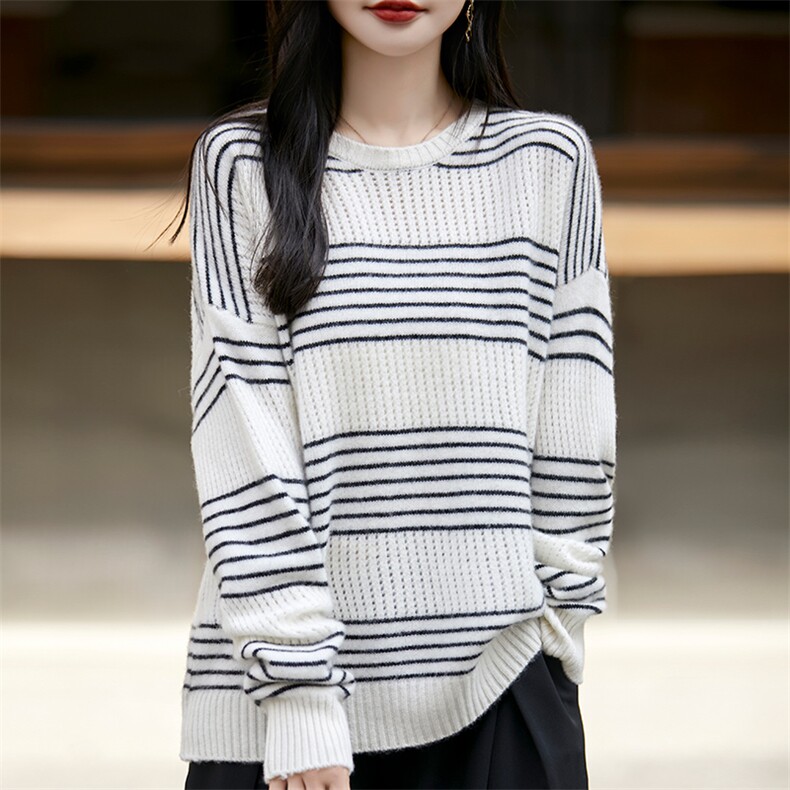 时尚百搭经典条纹女士圆领羊毛衫显瘦修身气质款,女装羊毛衫,冀清阳荣