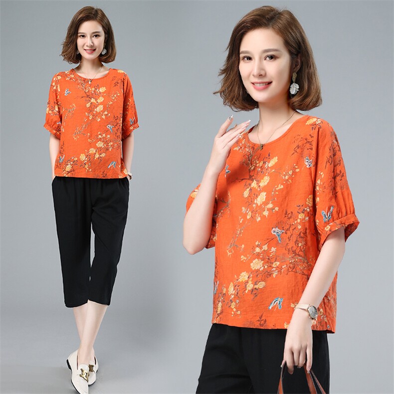 宽松圆领棉麻上衣短袖t恤女士2021夏装时尚文艺印花T恤，女装T恤，涵誉