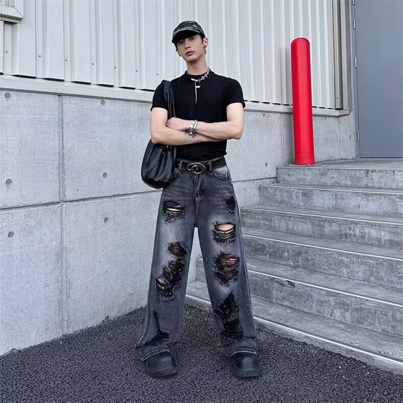得物品质夏款男牛仔裤大破洞直筒宽松长裤NK143P50,男装牛仔裤,星座1013-1
