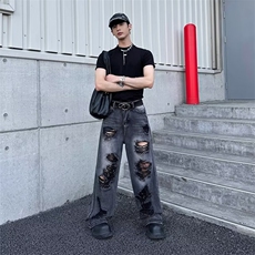 得物品质夏款男牛仔裤大破洞直筒宽松长裤NK143P50，男装牛仔裤，星座1013-1
