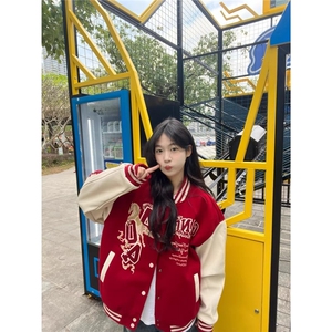 美式高街重工刺绣马年夹克棒球服女2026夹棉加厚宽松情侣红色外套图片