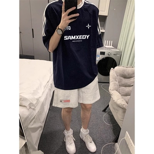 夏季美式高街重磅纯棉三条杠织带撞色男女短袖T恤ZD363-特P30图片