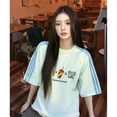 抖音得物品质二开240克宽松纯棉美式潮牌印花三条杠中性风短袖T恤，男装T恤，电商A486