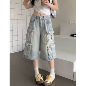 多口袋工装七分牛仔裤男女韩版潮流2025夏季ins短裤子RK2602-P59图片