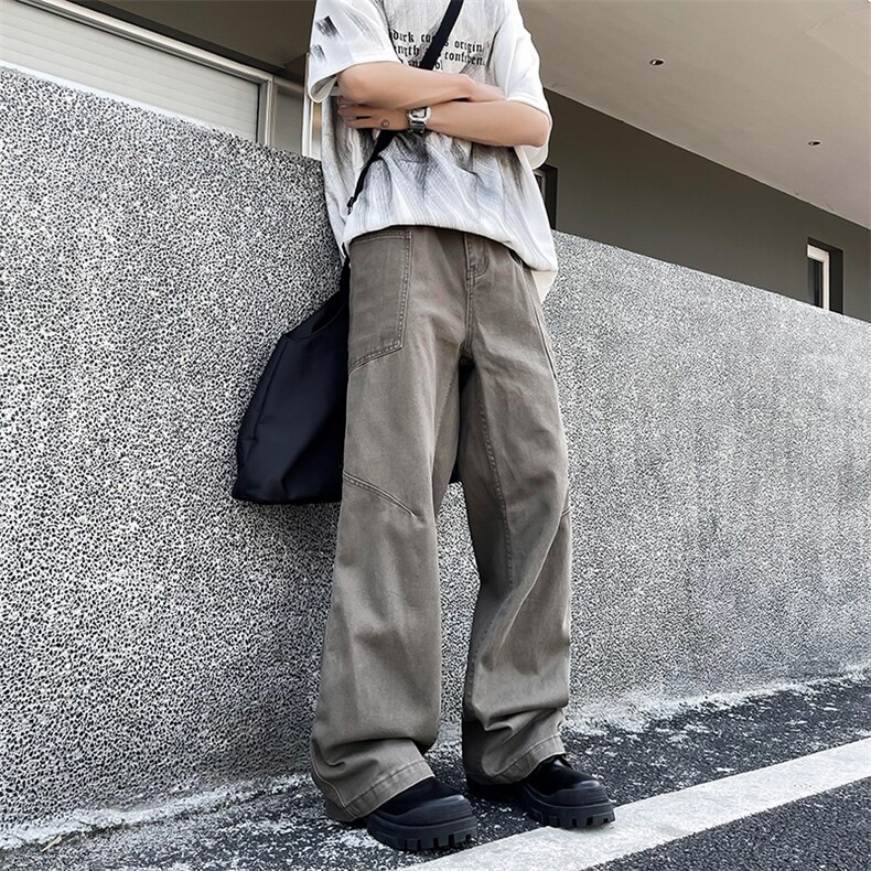 2024新款美式水洗拼接直筒牛仔裤纯色宽松休闲裤 现货K7934-P50图片