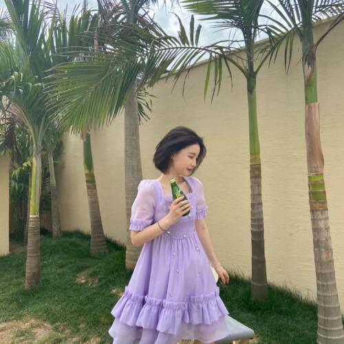 现货紫色手工水晶连衣裙，女装连衣裙，ceelphy