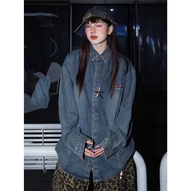 SH1007-P65美式复古刺绣牛仔衬衫男女新款宽松休闲百搭衬衣外套,男装衬衫,电商C233B