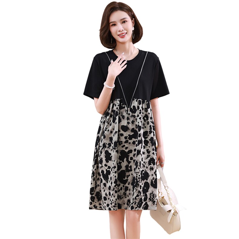 时尚显瘦拼接印花连衣裙夏季新款宽松大码女装裙子,女装连衣裙,梦芯尔