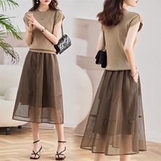 轻奢时尚两件套连衣裙女夏高级感洋气减龄显瘦套装裙子，女装套装/套裙，魅丽静蓝