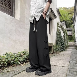 新中式风盘扣裤子男士夏季垂感宽松直筒阔腿休闲长裤 K4534图片