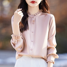气质木耳边衬衫女外套衬衣立领优雅打底开衫内搭时尚上衣长袖百搭，女装衬衫，臻维羊绒
