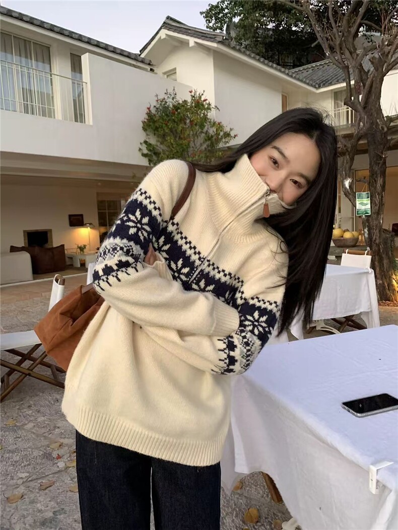 2025年秋季雪花半拉链翻领时尚百搭通勤简约休闲，女装羊毛衫，悦玛羊绒