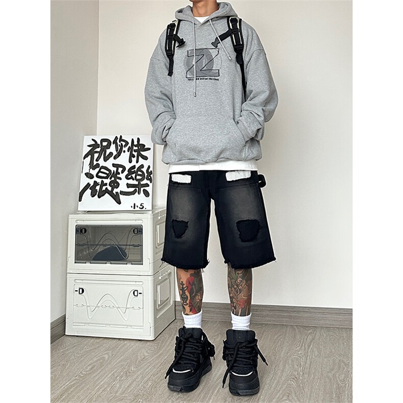 B221美式ins高街暗黑小众拼接休闲乞丐五分短裤LK23087-P55控78,男装牛仔裤,电商B221