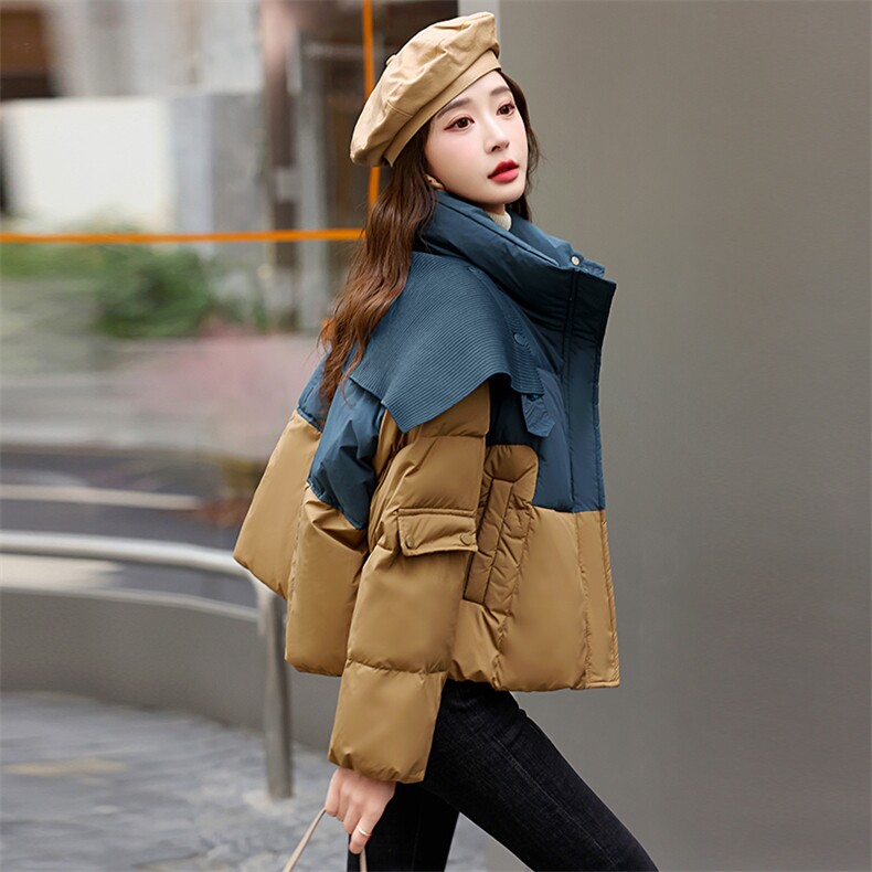 《现货新品》拼接披肩可拆卸羽绒服短外套,女装羽绒服,歌伊格美