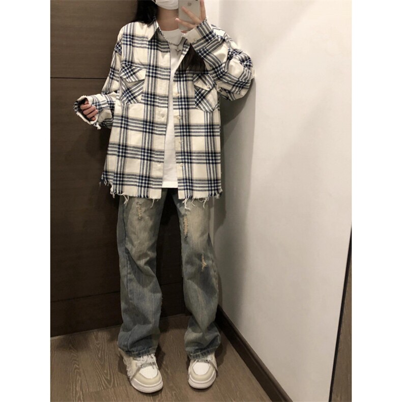 【有货】cleanfit毛边黑白格子衬衫设计感破坏衬衣C909LL-特P50,男装衬衫,星座1007（原301D）
