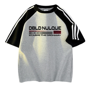 抖音得物品质二开240克宽松纯棉美式潮牌插肩三杠织带短袖T恤图片