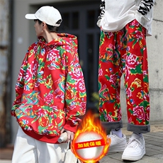 TZ204男女团队冬季加绒加厚连帽卫衣九分裤套装风东北大花潮，男装休闲套装，星座115A(原星座507）