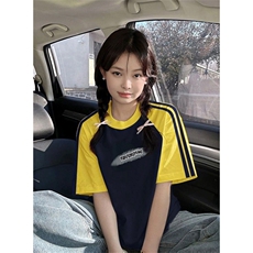夏季美式高街重磅纯棉三条杠织带插肩撞色男女短袖T恤CZ171-特P25，男装T恤，电商A486