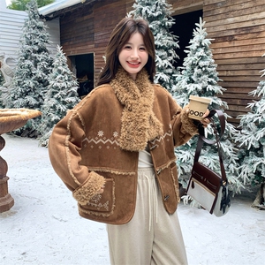 棕色刺绣拼接配围脖羊羔毛外套女秋冬2025新款设计感皮毛一体棉服图片