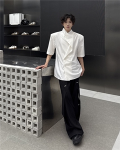 现货！25设计感垂领双排扣西服款短袖垫肩衬衫cs163-p78图片